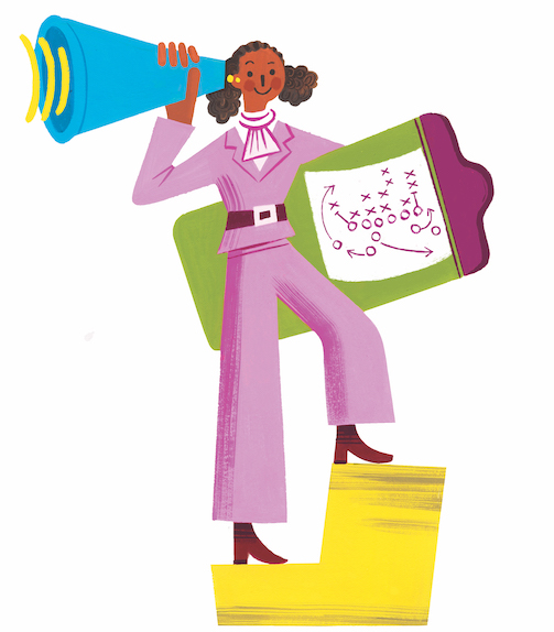 Illustration of a woman holding a clipboard in one hand, and megaphone up to hear ear in the other