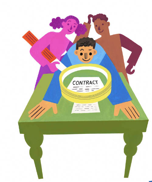 illustration of three people at a table, looking a contract through a magnifying glass